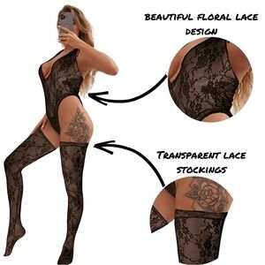 Black body suit with stockings. Beautiful see through lace material. New
